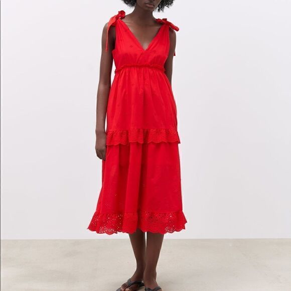 ZARA OPENWORK EMBROIDERED DRESS WITH BOW STRAPS - Picture 9 of 13